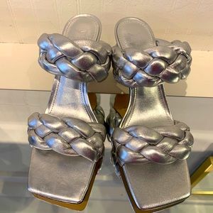 Marc Fisher braided heels in silver metallic leather. Brand new in box